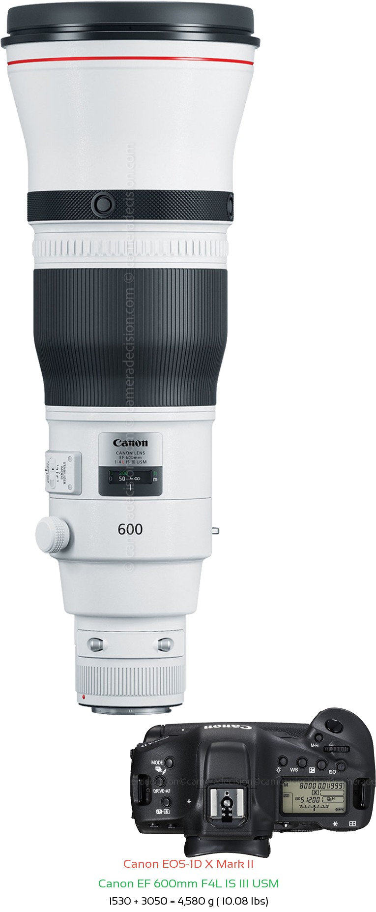 Canon 1D X II with Canon EF 600mm F4L IS III USM Lens Size
