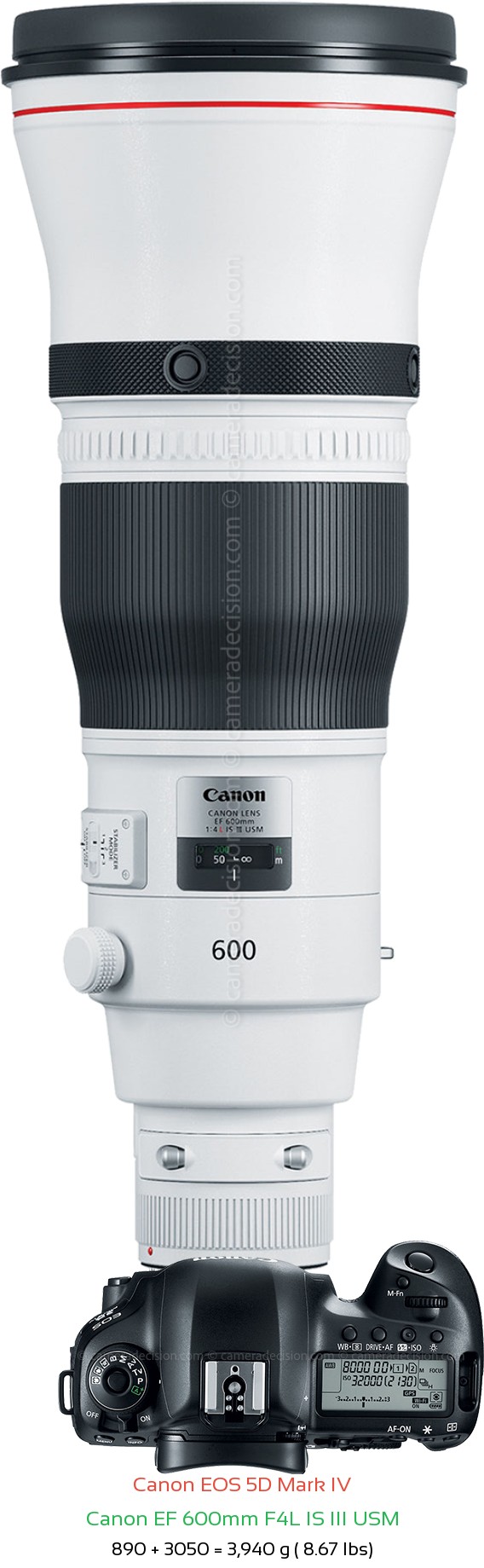 Canon 5D MIV with Canon EF 600mm F4L IS III USM Lens Size