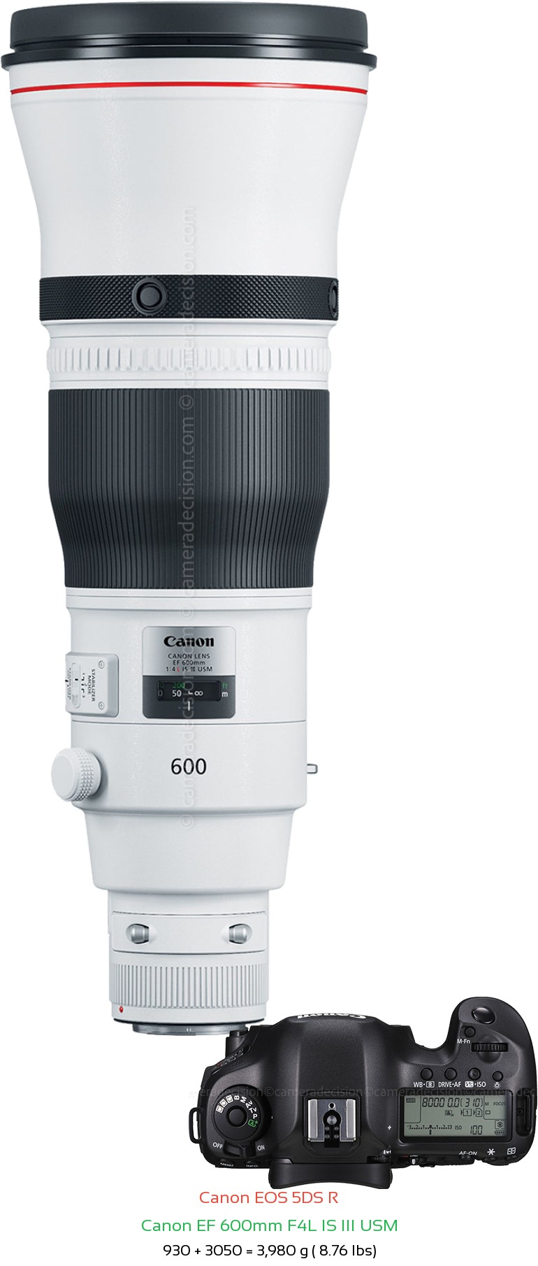 Canon 5DS R with Canon EF 600mm F4L IS III USM Lens Size