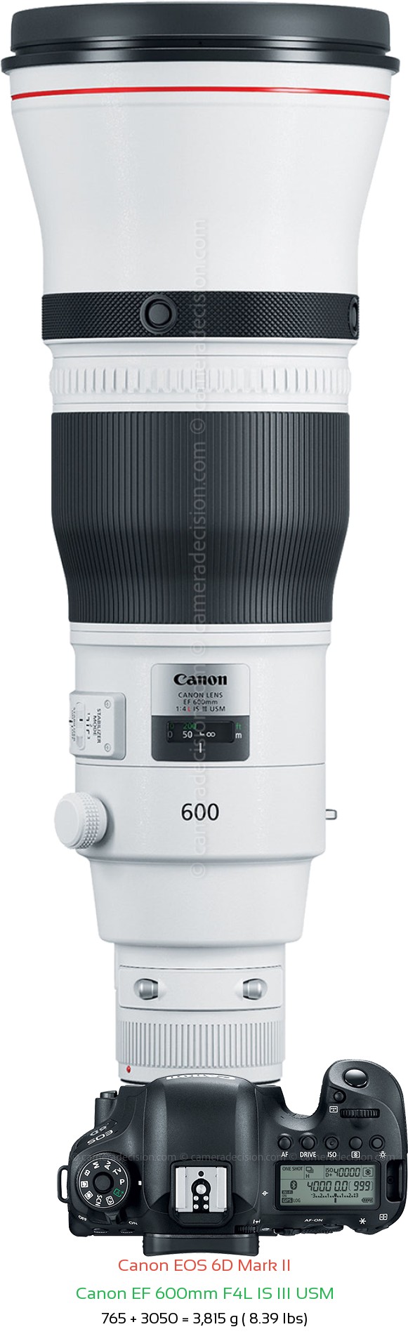 Canon 6D MII with Canon EF 600mm F4L IS III USM Lens Size