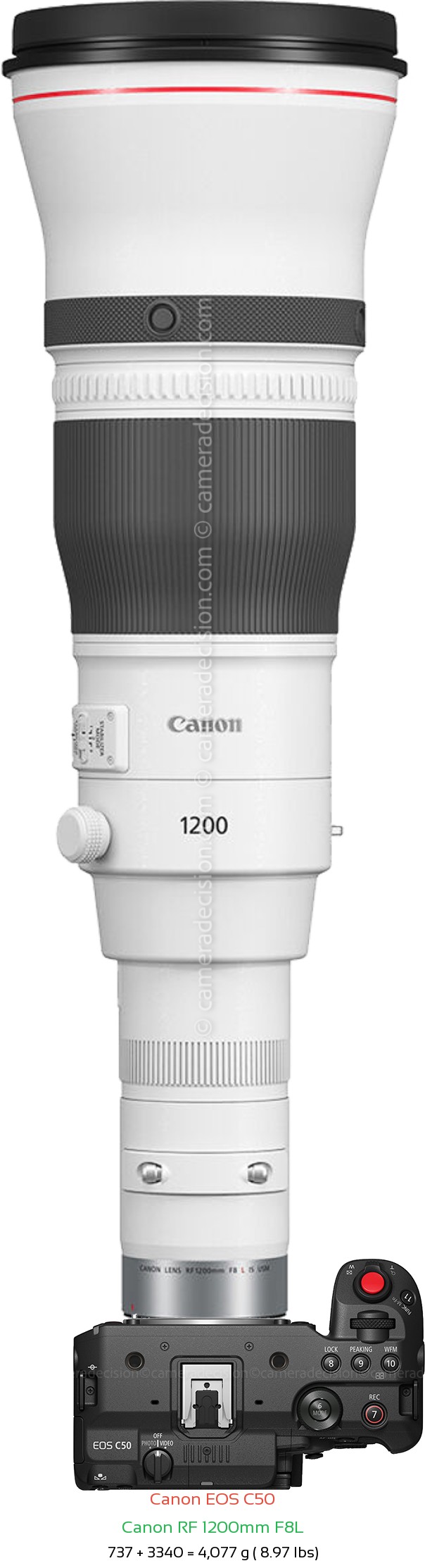 Canon C50 with Canon RF 1200mm F8L Lens Size