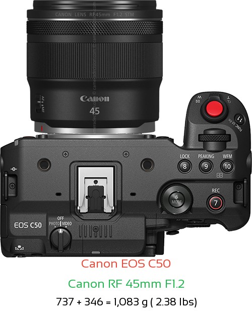 Canon C50 with Canon RF 45mm F1.2 Lens Size