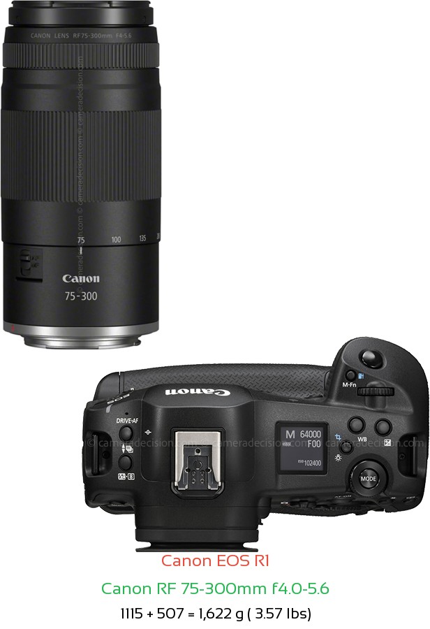 Canon R1 with Canon RF 75-300mm f4.0-5.6 Lens Size