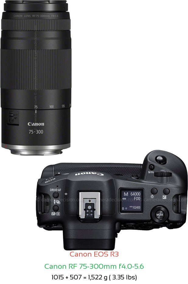 Canon R3 with Canon RF 75-300mm f4.0-5.6 Lens Size