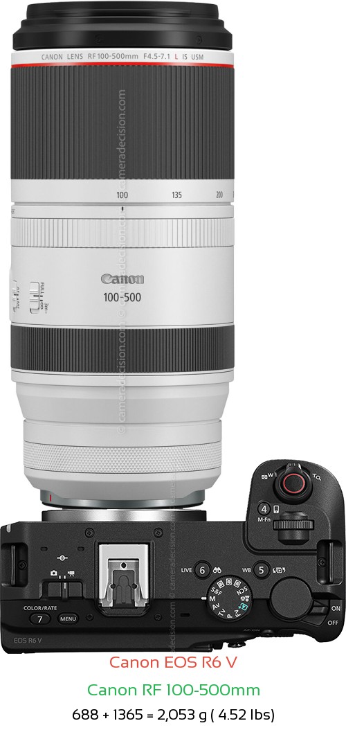 Canon R6 V with Canon RF 100-500mm Lens Size