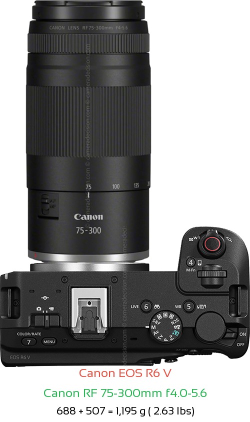 Canon R6 V with Canon RF 75-300mm f4.0-5.6 Lens Size