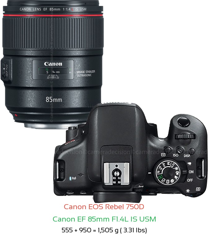Canon 750D with Canon EF 85mm F1.4L IS USM Lens Size