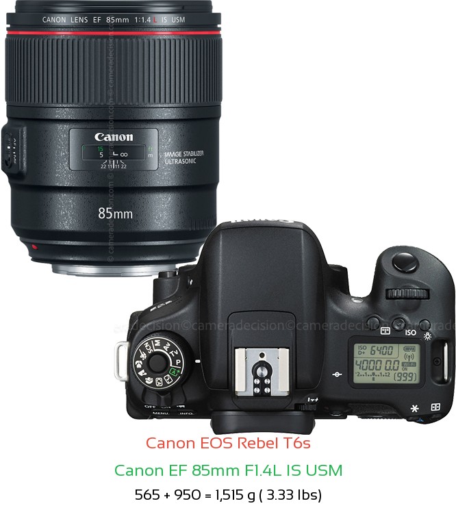 Canon T6s with Canon EF 85mm F1.4L IS USM Lens Size