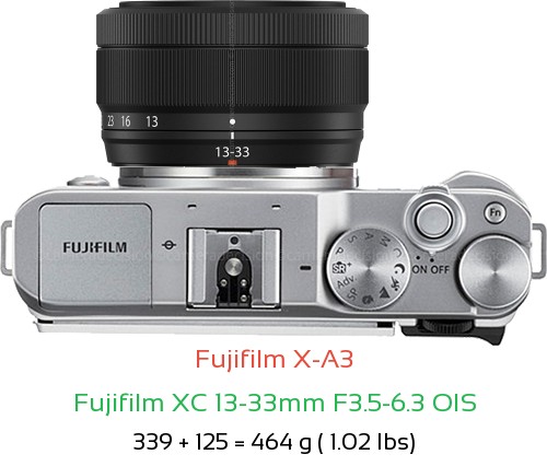 Fujifilm X-A3 with Fujifilm XC 13-33mm F3.5-6.3 OIS Lens Size