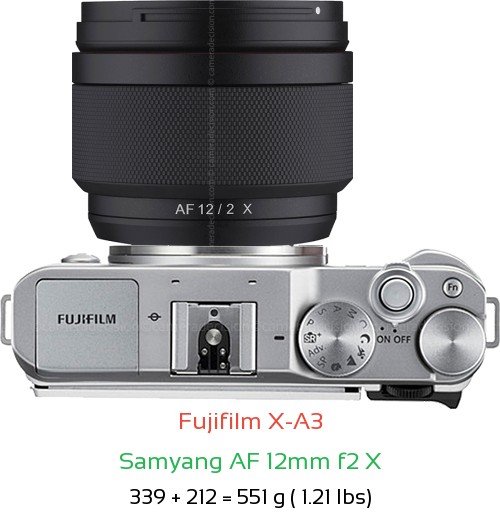 Fujifilm X-A3 with Samyang AF 12mm f2 X Lens Size