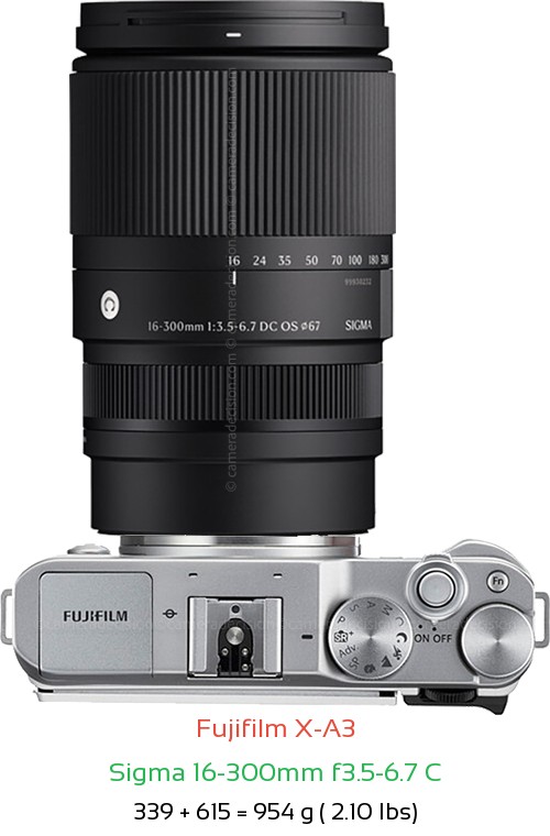Fujifilm X-A3 with Sigma 16-300mm f3.5-6.7 C Lens Size