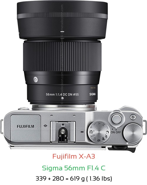 Fujifilm X-A3 with Sigma 56mm F1.4 C Lens Size