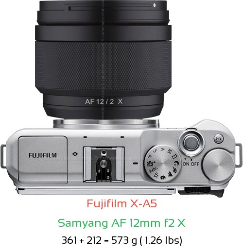 Fujifilm X-A5 with Samyang AF 12mm f2 X Lens Size