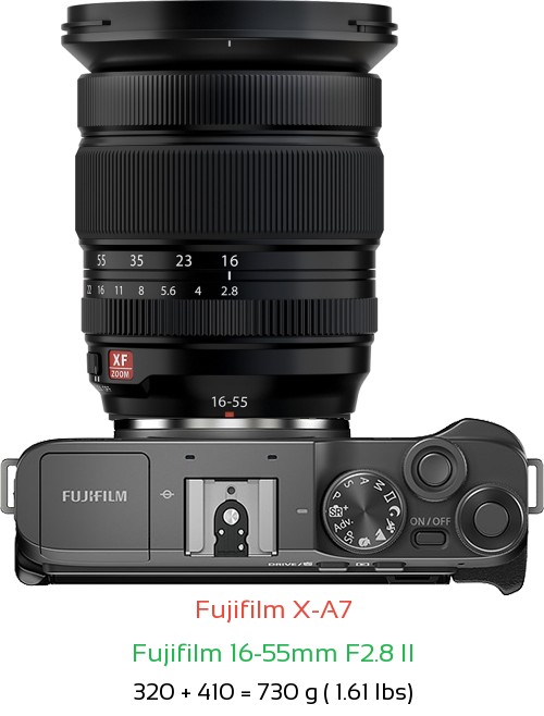 Fujifilm X-A7 with Fujifilm 16-55mm F2.8 II Lens Size