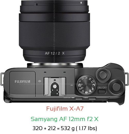 Fujifilm X-A7 with Samyang AF 12mm f2 X Lens Size