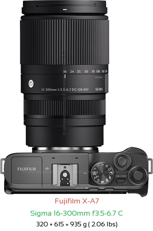 Fujifilm X-A7 with Sigma 16-300mm f3.5-6.7 C Lens Size