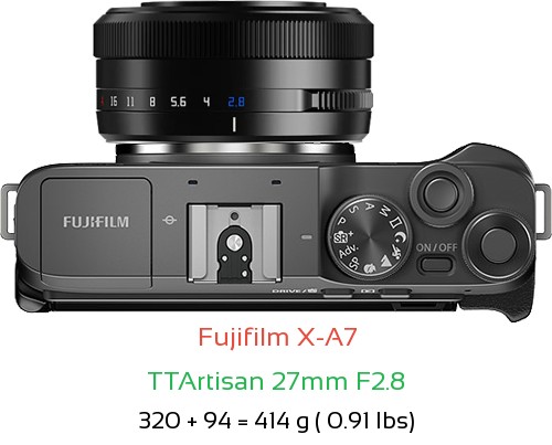 Fujifilm X-A7 with TTArtisan 27mm F2.8 Lens Size