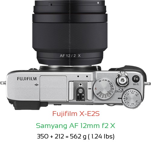 Fujifilm X-E2S with Samyang AF 12mm f2 X Lens Size