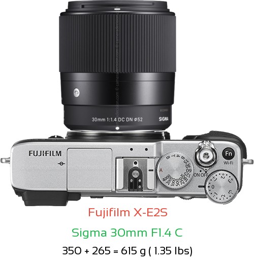 Fujifilm X-E2S with Sigma 30mm F1.4 C Lens Size