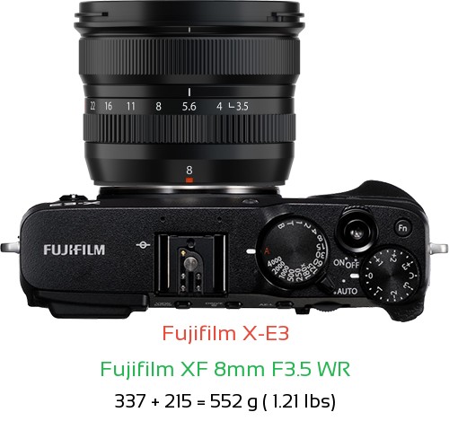 Fujifilm X-E3 with Fujifilm XF 8mm F3.5 WR Lens Size