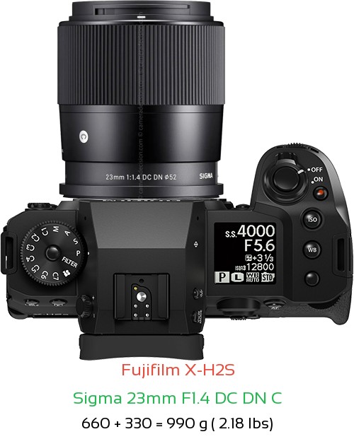 Fujifilm X-H2S with Sigma 23mm F1.4 DC DN C Lens Size