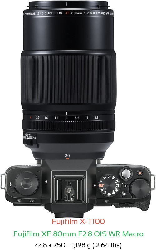 Fujifilm X-T100 with Fujifilm XF 80mm F2.8 OIS WR Macro Lens Size