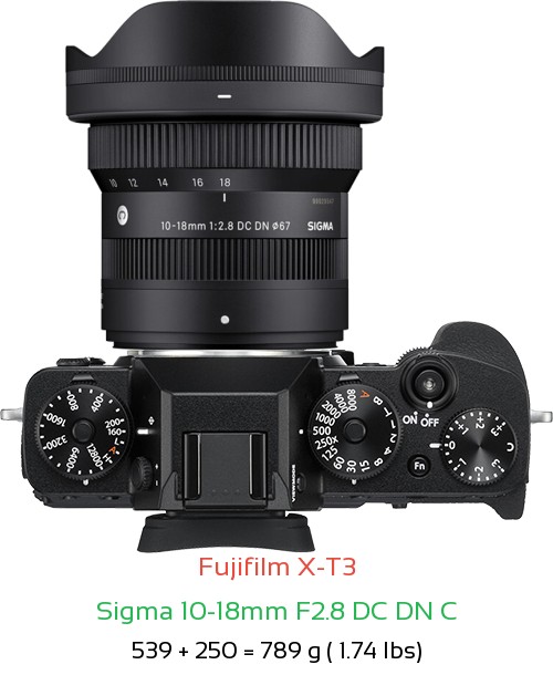 Fujifilm X-T3 with Sigma 10-18mm F2.8 DC DN C Lens Size