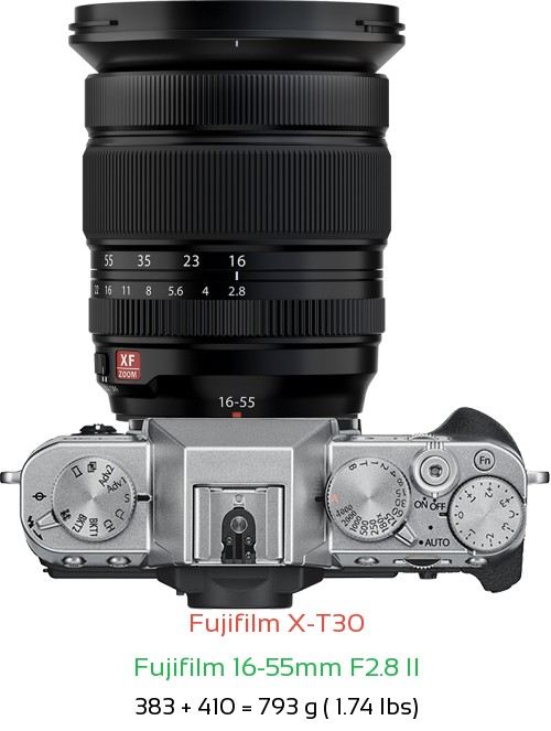 Fujifilm X-T30 with Fujifilm 16-55mm F2.8 II Lens Size