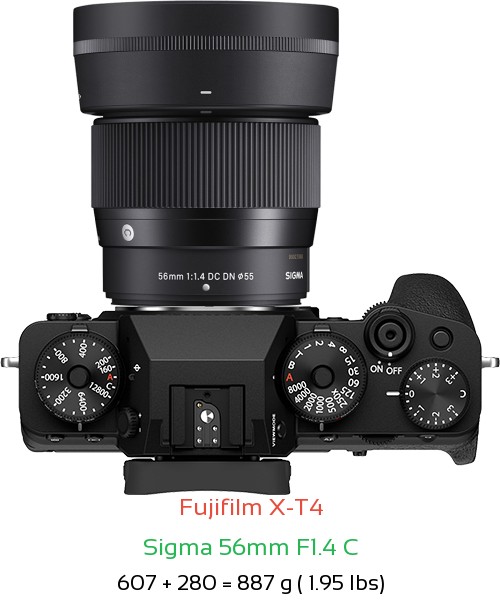 Fujifilm X-T4 with Sigma 56mm F1.4 C Lens Size