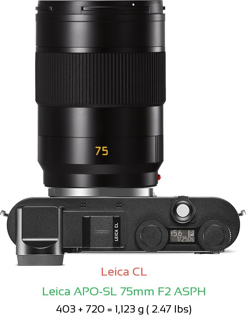 Leica CL with Leica APO-SL 75mm F2 ASPH Lens Size