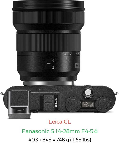 Leica CL with Panasonic S 14-28mm F4-5.6 Lens Size