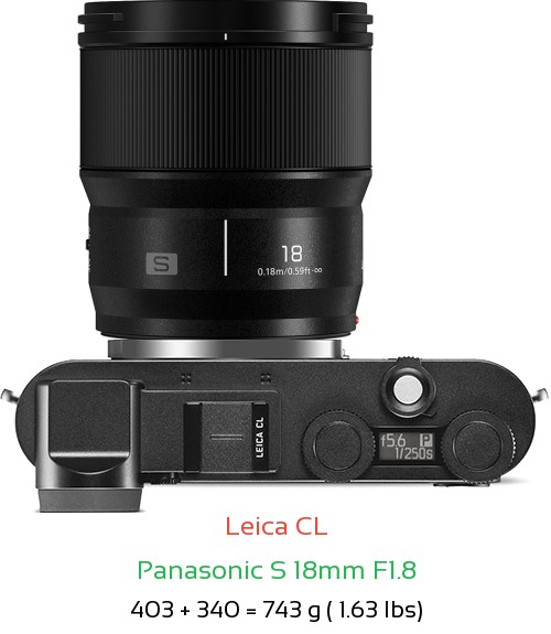 Leica CL with Panasonic S 18mm F1.8 Lens Size