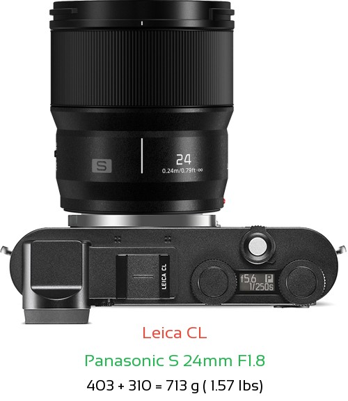 Leica CL with Panasonic S 24mm F1.8 Lens Size