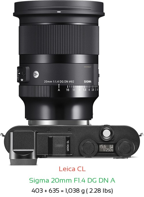Leica CL with Sigma 20mm F1.4 DG DN A Lens Size