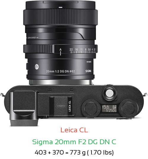 Leica CL with Sigma 20mm F2 DG DN C Lens Size