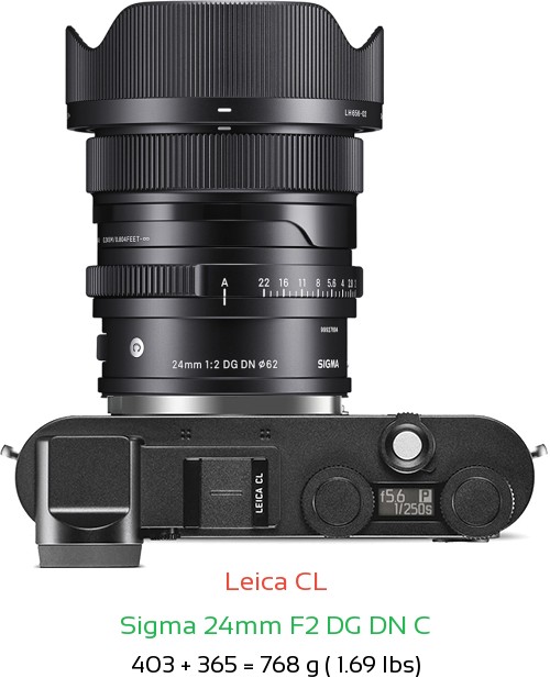 Leica CL with Sigma 24mm F2 DG DN C Lens Size