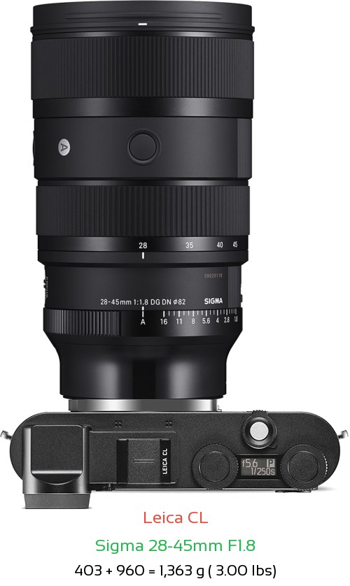 Leica CL with Sigma 28-45mm F1.8 Lens Size