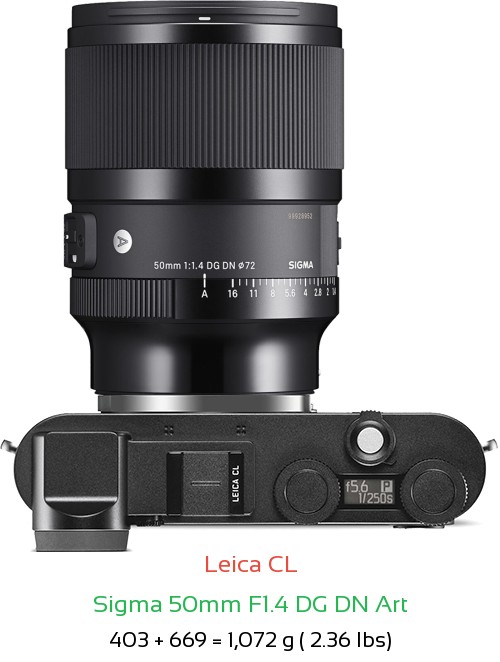 Leica CL with Sigma 50mm F1.4 DG DN Art Lens Size