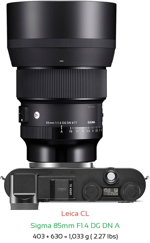 Leica CL with Sigma 85mm F1.4 DG DN A Lens Size
