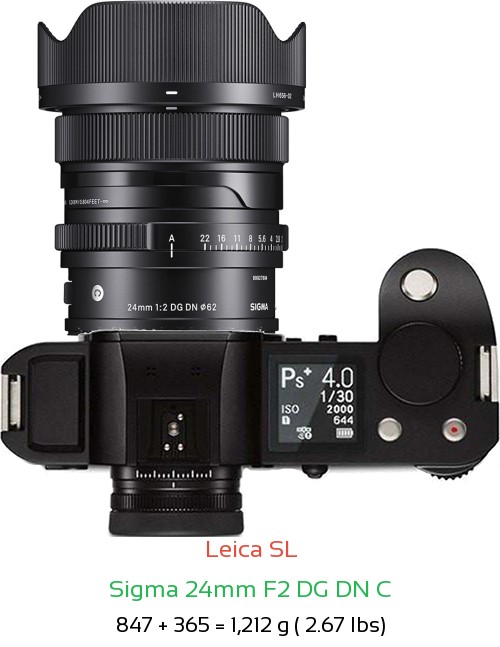 Leica SL with Sigma 24mm F2 DG DN C Lens Size