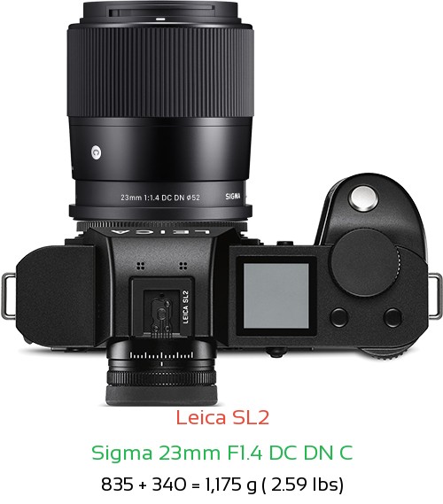 Leica SL2 with Sigma 23mm F1.4 DC DN C Lens Size