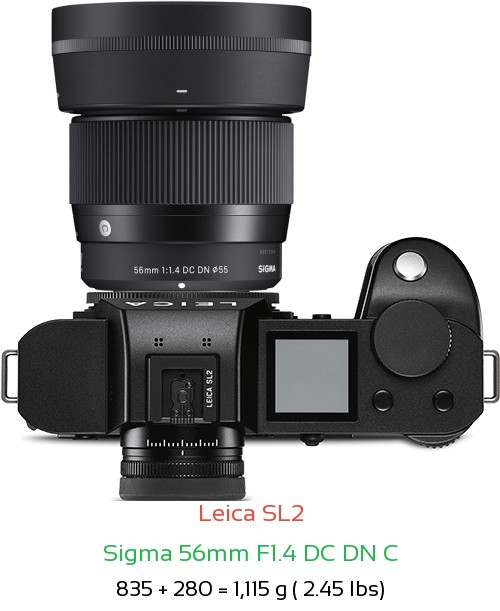 Leica SL2 with Sigma 56mm F1.4 DC DN C Lens Size