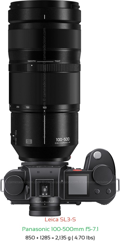 Leica SL3-S with Panasonic 100-500mm f5-7.1 Lens Size