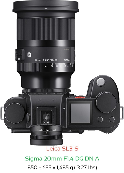 Leica SL3-S with Sigma 20mm F1.4 DG DN A Lens Size