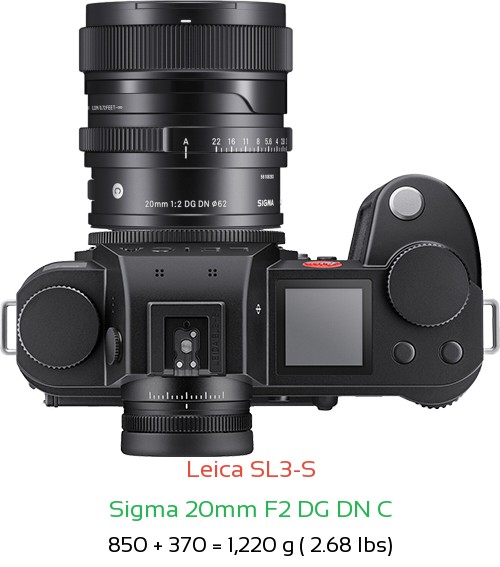 Leica SL3-S with Sigma 20mm F2 DG DN C Lens Size