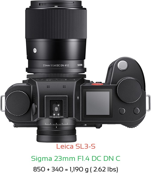 Leica SL3-S with Sigma 23mm F1.4 DC DN C Lens Size