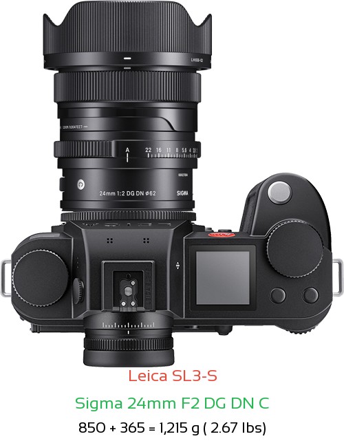 Leica SL3-S with Sigma 24mm F2 DG DN C Lens Size