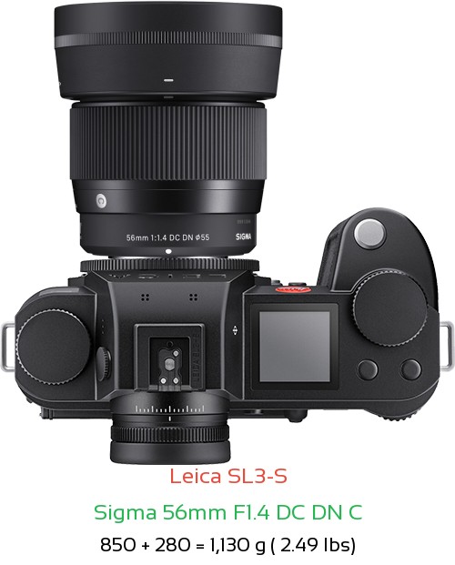 Leica SL3-S with Sigma 56mm F1.4 DC DN C Lens Size