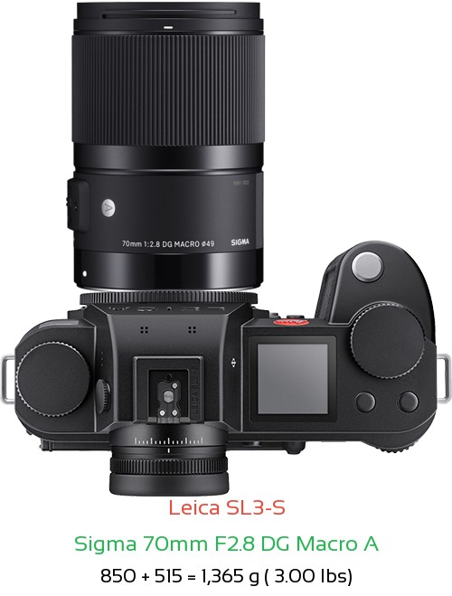 Leica SL3-S with Sigma 70mm F2.8 DG Macro A Lens Size