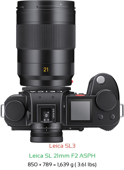 Leica SL3 with Leica SL 21mm F2 ASPH Lens Size